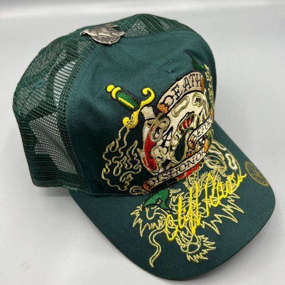 Vintage Cliff Raven Hat Green Ed Hardy Japanese tattoo Snap back Trucker Cap 90s - Picture 3 of 8